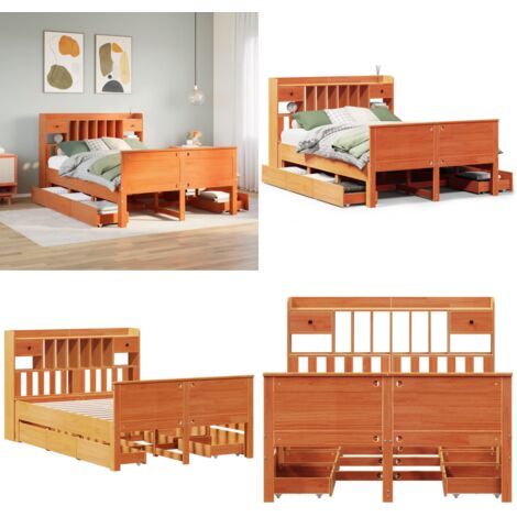 Letto Libreria senza Materasso Marrone Cera 150x200 cm in Pino - Letto con testiera - Letto con cassetti