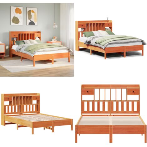 Letto Libreria senza Materasso Marrone Cera 150x200 cm in Pino - Letto con testiera - Letto con cassetti