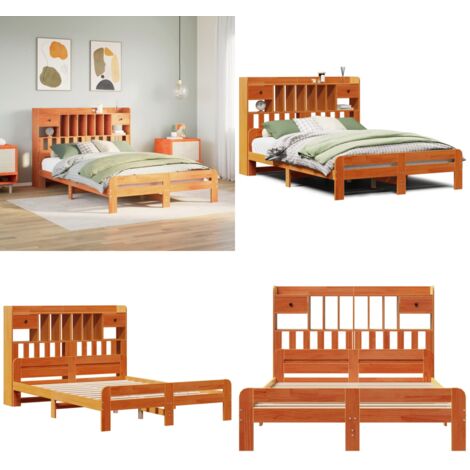 Letto Libreria senza Materasso Marrone Cera 150x200 cm in Pino - Letto con testiera - Letto con cassetti