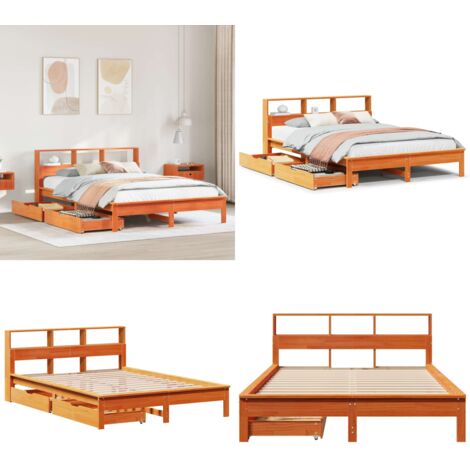 Letto Libreria senza Materasso Marrone Cera 160x200 cm in Pino - Letto con cassetto - Letto con piedini