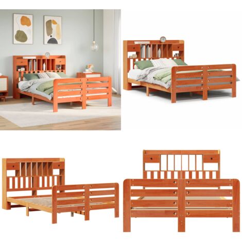Letto Libreria senza Materasso Marrone Cera 160x200 cm in Pino - Letto con testiera - Letto con base a doghe