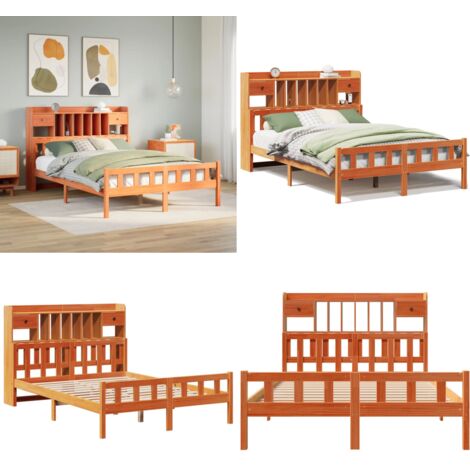 Letto Libreria senza Materasso Marrone Cera 160x200 cm in Pino - Letto con testiera - Letto con base a doghe