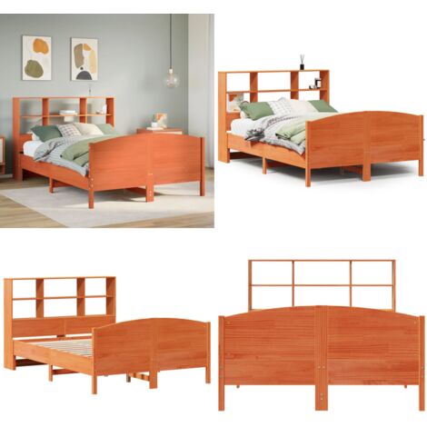 Letto Libreria senza Materasso Marrone Cera 160x200 cm in Pino - Letto con testiera - Letto con base a doghe