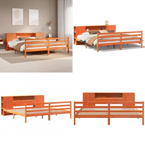 Letto Libreria senza Materasso Marrone Cera 200x200 cm in Pino - Letto con testiera - Letto con base a doghe