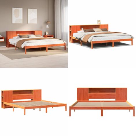 Letto Libreria senza Materasso Marrone Cera 200x200 cm in Pino - Letto con testiera - Letto con base a doghe