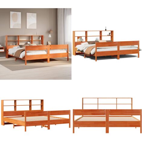 Letto Libreria senza Materasso Marrone Cera 200x200 cm in Pino - Letto con testiera - Letto con base a doghe