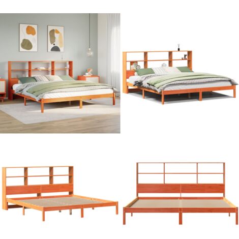 Letto Libreria senza Materasso Marrone Cera 200x200 cm in Pino - Letto con testiera - Letto con base a doghe