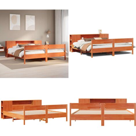 Letto Libreria senza Materasso Marrone Cera 200x200 cm in Pino - Letto con testiera - Letto con base a doghe