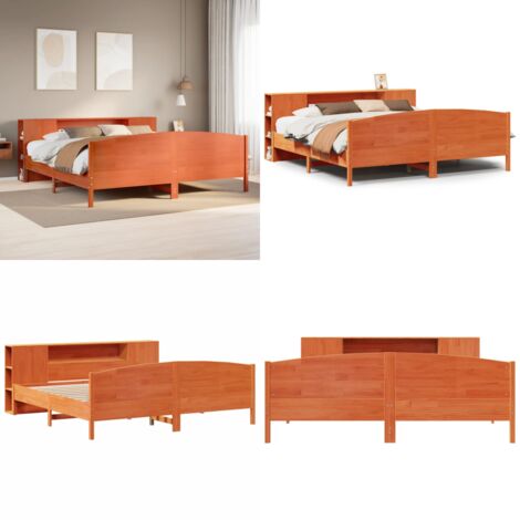 Letto Libreria senza Materasso Marrone Cera 200x200 cm in Pino - Letto con testiera - Letto con base a doghe