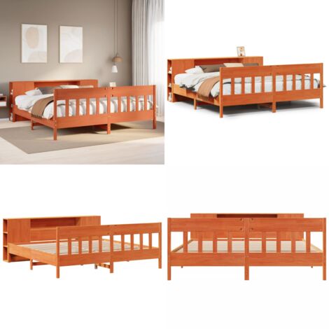 Letto Libreria senza Materasso Marrone Cera 200x200 cm in Pino - Letto con testiera - Letto con base a doghe