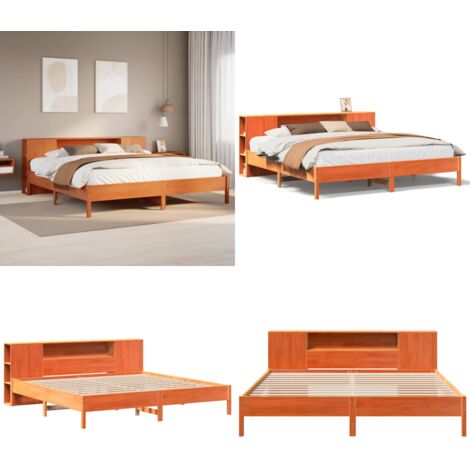 Letto Libreria senza Materasso Marrone Cera 200x200 cm in Pino - Letto con testiera - Letto con base a doghe