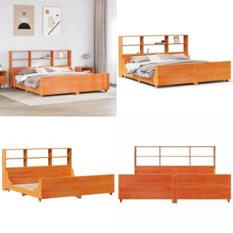Letto Libreria senza Materasso Marrone Cera 200x200 cm Legno - Letto con testiera - Letto con base a doghe