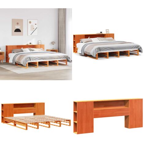 Letto Libreria senza Materasso Marrone Cera 200x200 cm Legno - Letto con testiera - Letto con base a doghe