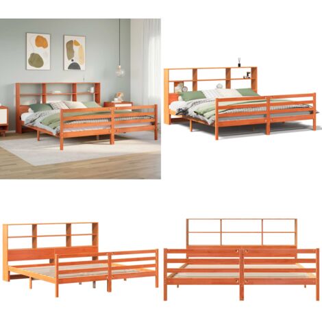 Letto Libreria senza Materasso Marrone Cera 200x200 cm Legno - Letto con testiera - Letto con base a doghe