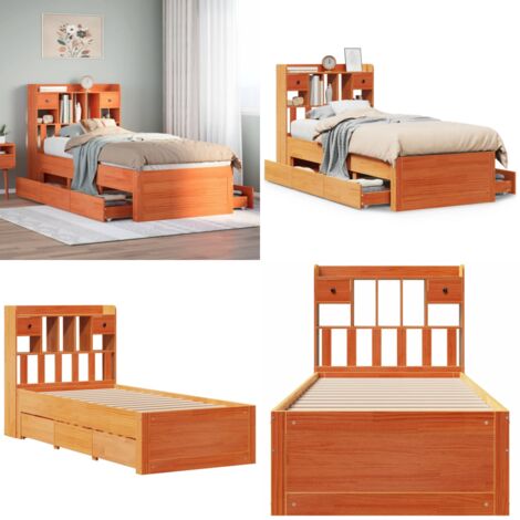 Letto Libreria senza Materasso Marrone Cera 75x190 cm in Pino - Letto con cassetti - Letto con base a doghe