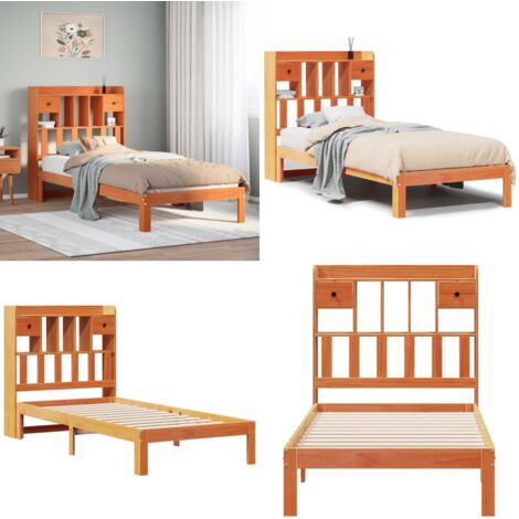 Letto Libreria senza Materasso Marrone Cera 75x190 cm in Pino - Letto con cassetti - Letto con scomparti