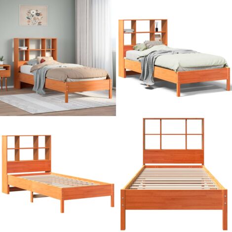 Letto Libreria senza Materasso Marrone Cera 75x190 cm in Pino - Letto con testiera - Letto con base a doghe