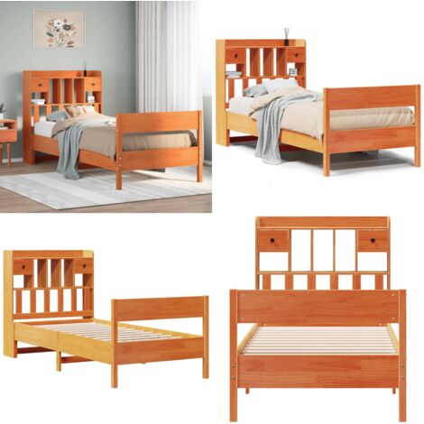 Letto Libreria senza Materasso Marrone Cera 75x190 cm in Pino - Letto con testiera - Letto con base a doghe