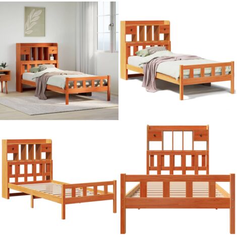 Letto Libreria senza Materasso Marrone Cera 75x190 cm in Pino - Letto con testiera - Letto con base a doghe