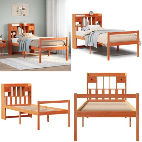 Letto Libreria senza Materasso Marrone Cera 75x190 cm in Pino - Letto con testiera - Letto con cassetti