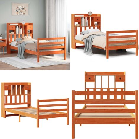 Letto Libreria senza Materasso Marrone Cera 75x190 cm in Pino - Letto con testiera - Letto con cassetti