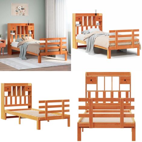 Letto Libreria senza Materasso Marrone Cera 75x190 cm in Pino - Letto con testiera - Letto con cassetti
