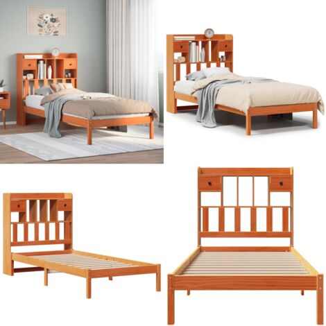Letto Libreria senza Materasso Marrone Cera 75x190 cm in Pino - Letto con testiera - Letto con cassetti