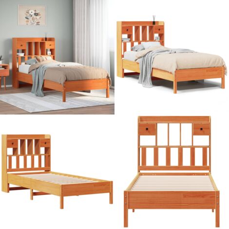 Letto Libreria senza Materasso Marrone Cera 75x190 cm in Pino - Letto con testiera - Letto con cassetti