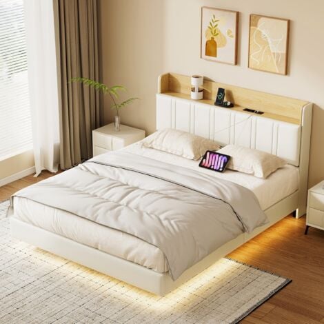 DANS LES NUAGES Letto matrimoniale 140x190 cm in PU, con testiera imbottita, spazio di archiviazione, illuminazione LED regolabile, caricatore USB e base a doghe, letto galleggiante - Bianco