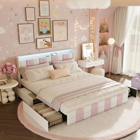 Struttura Letto Imbottita Con 4 Cassetti E Testiera Trapuntata, Beige, Doghe In Legno