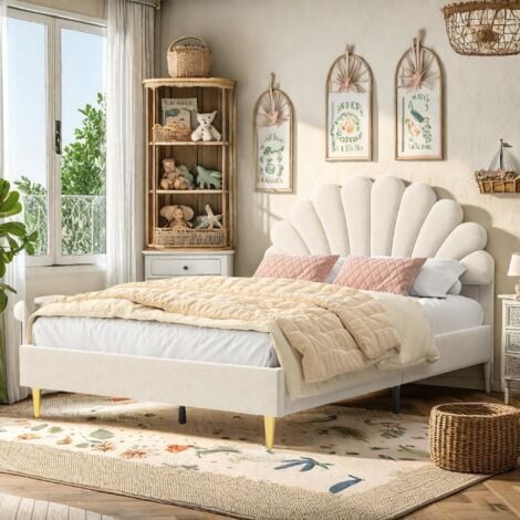 EIFSON Letto matrimoniale 140x190 cm - Letto Princess - tessuto in velluto - testiera floreale - stile scandinavo - rete a doghe - Letto imbottito per adulti - Beige