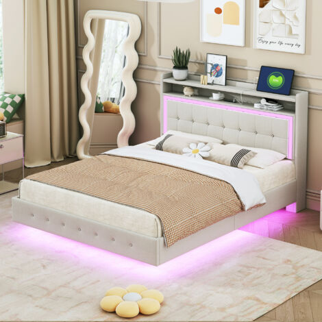 Letto matrimoniale 140x200 cm con porta USB e luce LED, testiera, lino, beige