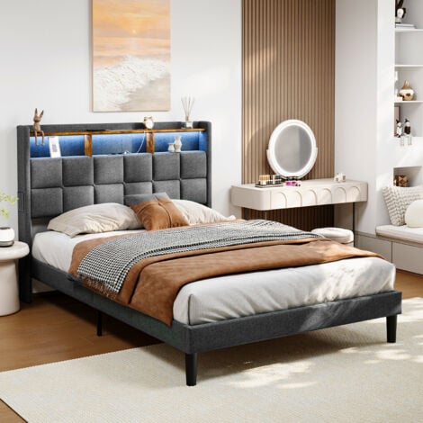 NECHE Letto matrimoniale 140x200 cm, struttura imbottita in lino con testiera, contenitore e illuminazione LED multicolore, stazione di ricarica integrata, grigio scuro