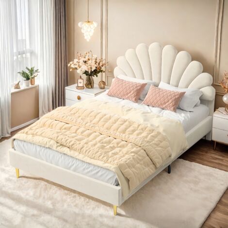 TANANT Letto matrimoniale 140x200 cm, velluto, letto principessa con testiera a petali, rete a doghe, giroletto, letto per ragazzi, letto adulto contemporaneo - beige