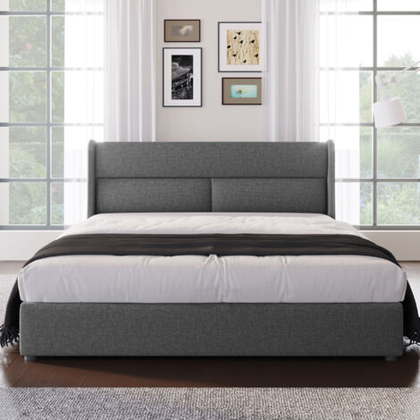 Letto matrimoniale 140x200cm contenitore idraulico testiera imbottita struttura metallica lino grigio (Senza materasso)