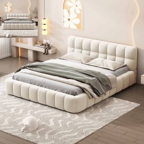 PERGAR Letto matrimoniale 140x200,letto adulti 140x200,letto imbottito,con schienale morbido, rete a doghe, lino, beige