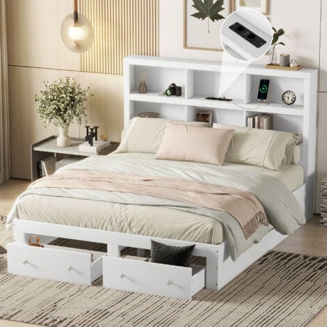 Letto matrimoniale 160200 cm, legno massello, letto con piattaforma king size con due cassetti ai piedi del letto, testiera con vano portaoggetti, bianco
