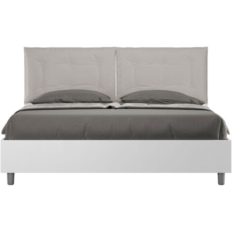 Letto Matrimoniale 160x190 cm con Rete e Contenitore Alzata Comoda Struttura Bianco Frassico con Cuscini in Similpelle Egos Annalisa Tortora