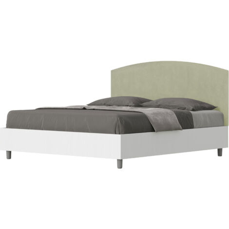 Letto Matrimoniale 160x190 cm con Rete e Contenitore Alzata Comoda Struttura Bianco Frassico e Testata in Microfibra Antilia Tè Verde