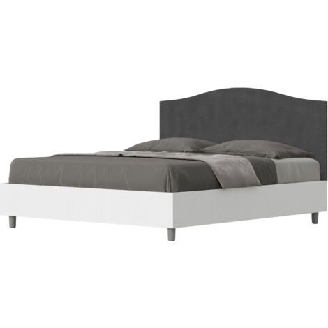 Letto Matrimoniale 160x190 cm con Rete e Contenitore Alzata Comoda Struttura Bianco Frassico e Testata in Microfibra Grace Grigio