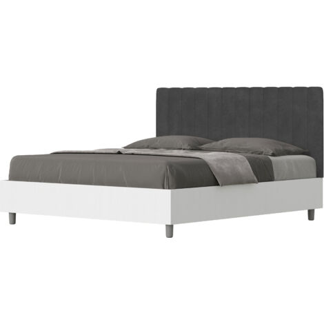 Letto Matrimoniale 160x190 cm con Rete e Contenitore Alzata Comoda Struttura Bianco Frassico e Testata in Microfibra Kaia Grigio