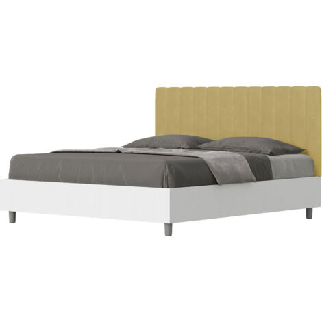 Letto Matrimoniale 160x190 cm con Rete e Contenitore Alzata Comoda Struttura Bianco Frassico e Testata in Microfibra Kaia Ocra