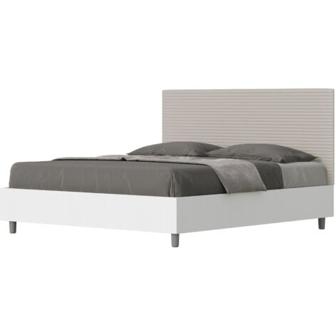Letto Matrimoniale 160x190 cm con Rete e Contenitore Alzata Comoda Struttura Bianco Frassico e Testata in Similpelle Level Tortora