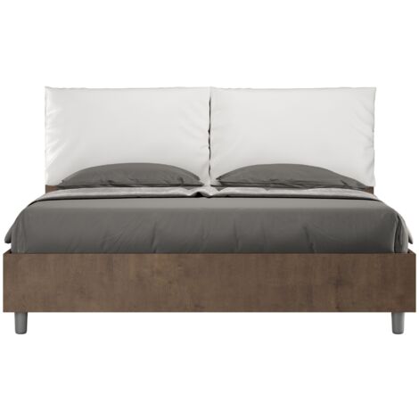 Letto Matrimoniale 160x190 cm con Rete e Contenitore Alzata Comoda Struttura Noce con Cuscini in Similpelle Egos Antea Bianco