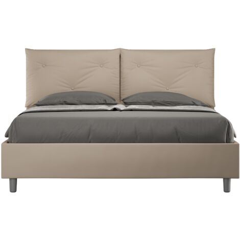 Letto Matrimoniale 160x190 cm con Rete e Contenitore con Alzata Comoda Imbottito in Similpelle Appia Tortora