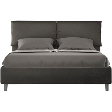 Letto Matrimoniale 160x190 cm con Rete e Contenitore con Testata e Alzata Comoda Imbottito in Microfibra Mados Grigio