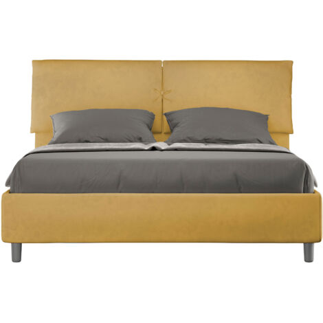 Letto Matrimoniale 160x190 cm con Rete e Contenitore con Testata e Alzata Comoda Imbottito in Microfibra Mados Ocra