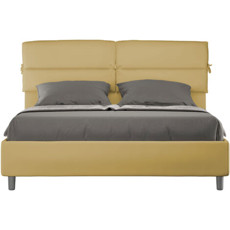 Letto Matrimoniale 160x190 cm con Rete e Contenitore con Testata e Alzata Comoda Imbottito in Microfibra Nandy Ocra