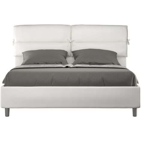 Letto Matrimoniale 160x190 cm con Rete e Contenitore con Testata e Alzata Comoda Imbottito in Similpelle Nandy Bianco