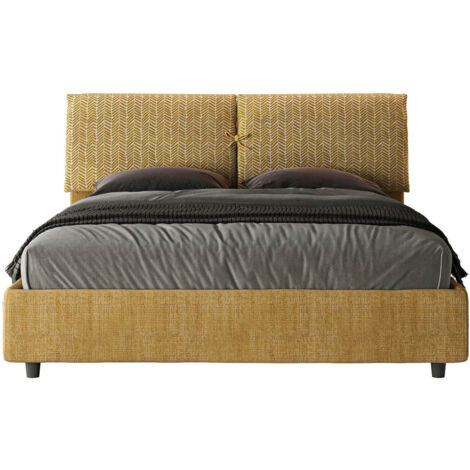 Letto Matrimoniale 160x190 cm con Rete e Contenitore con Testata e Alzata Comoda Imbottito in Tessuto Aragona Mados Giallo